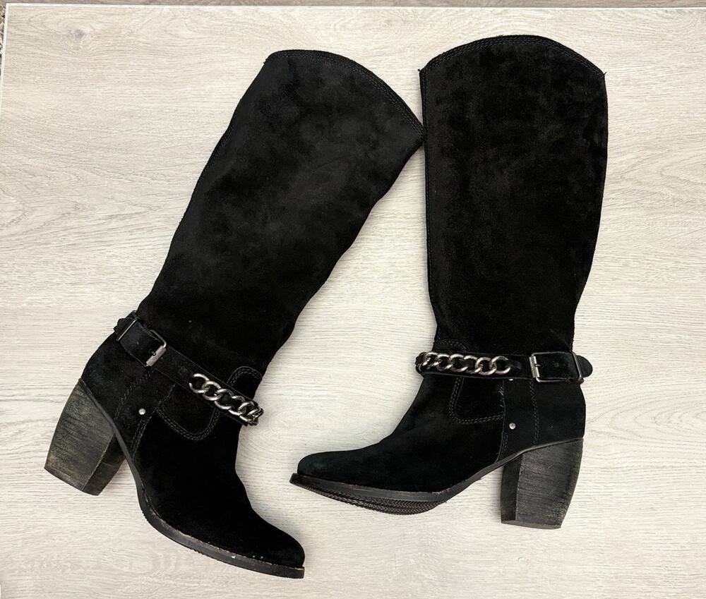 BCBGeneration Black Suede Riding Boots Stacked Heel Western Cowboy Boots 7.5M